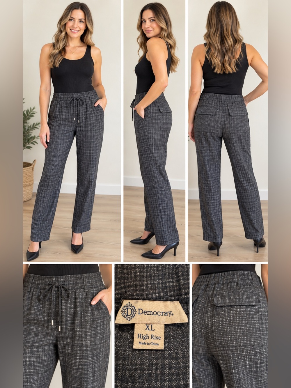 Democracy High Rise Pull-On Straight Leg Plaid Pants XL brown/black/gray